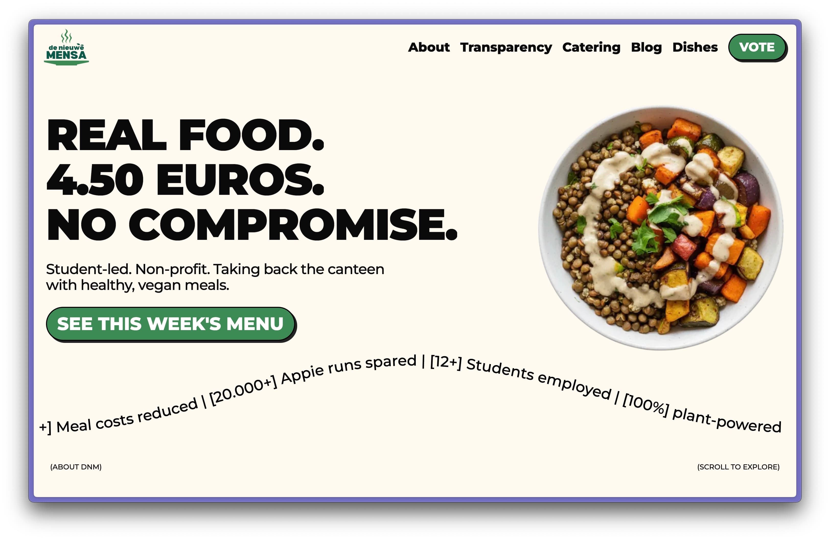 De Nieuwe Mensa website hero section.