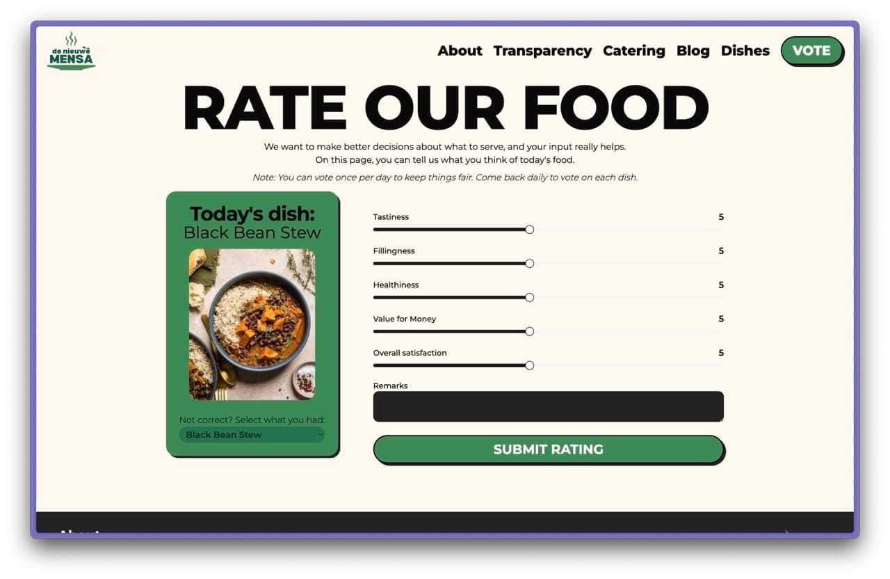 De Nieuwe Mensa website rating section.