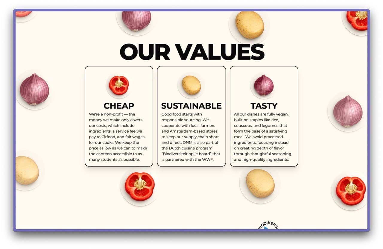 De Nieuwe Mensa website values section.