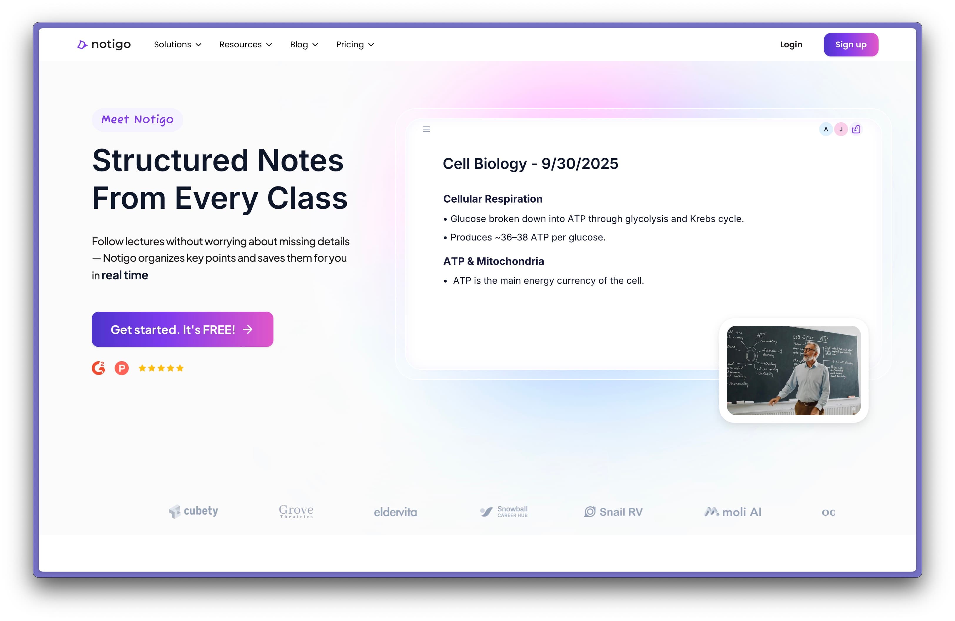 Notigo landing page showcasing product positioning.